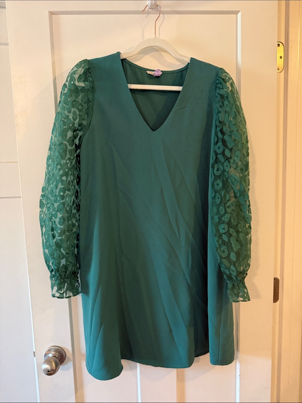 JODIFL Teal V-Neck Dress with Sheer Puff Sleeves